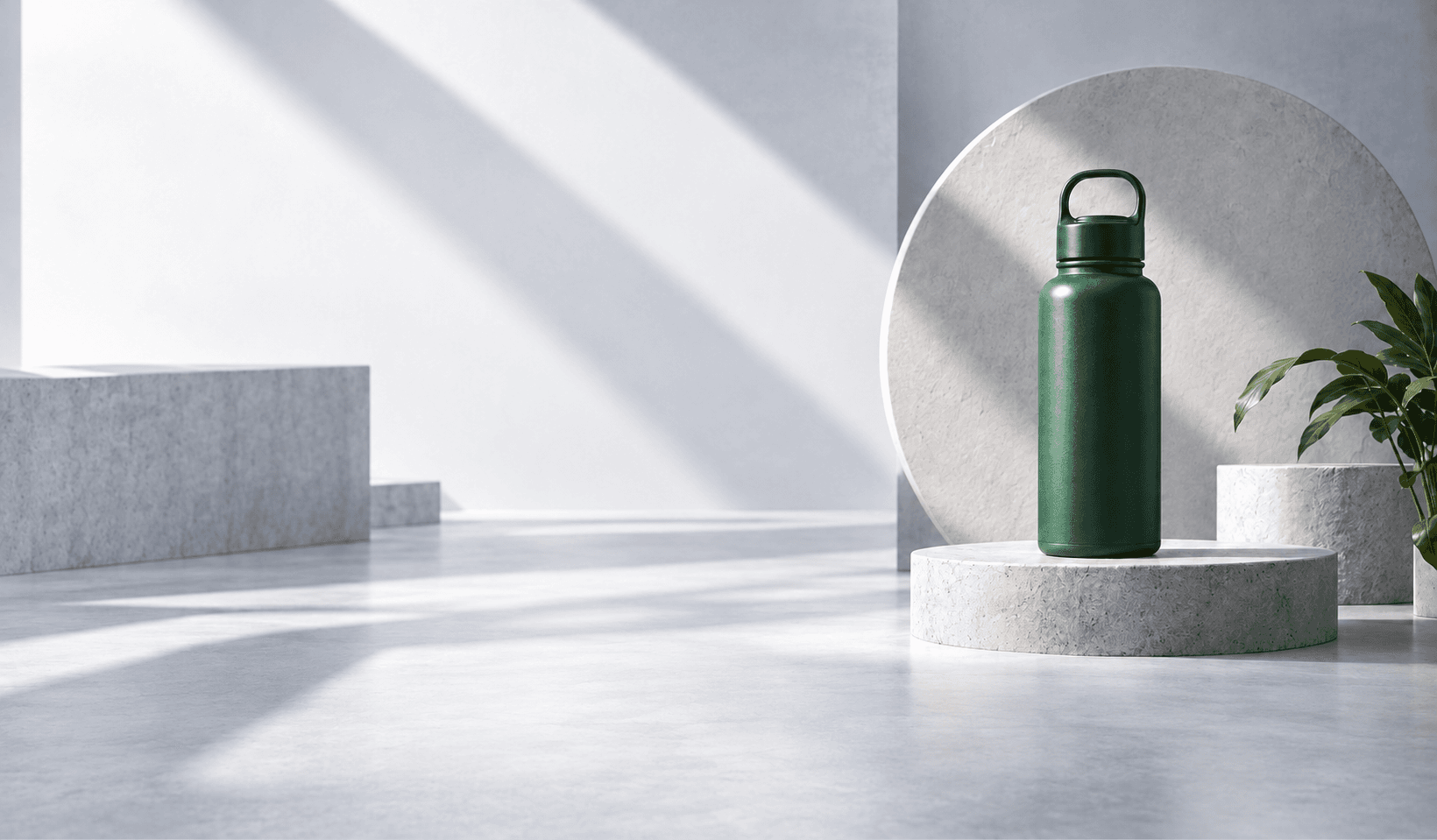 Forest green bottle on a pale stone plinth in a sunlit studio