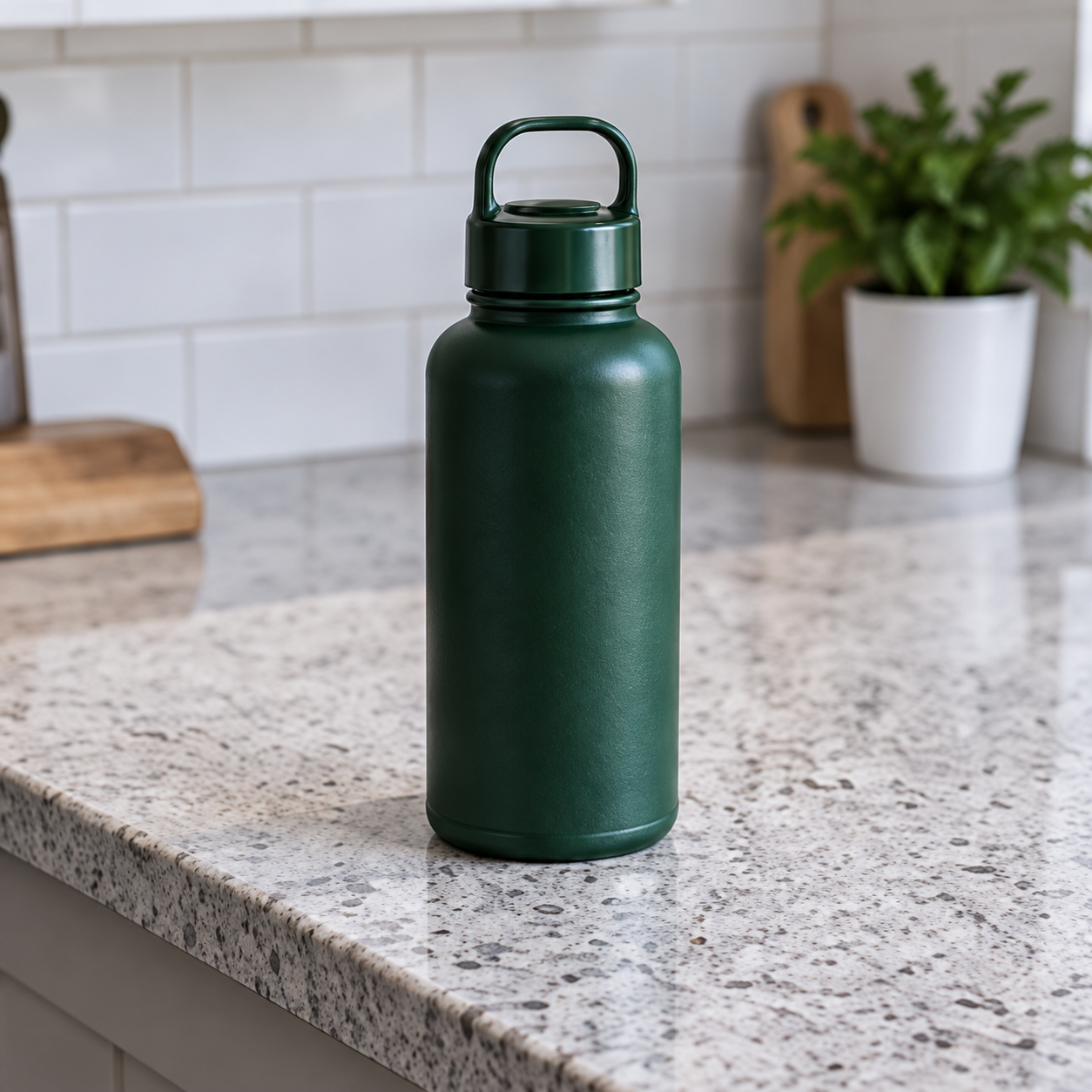 Original green bottle photographed on a kitchen counter